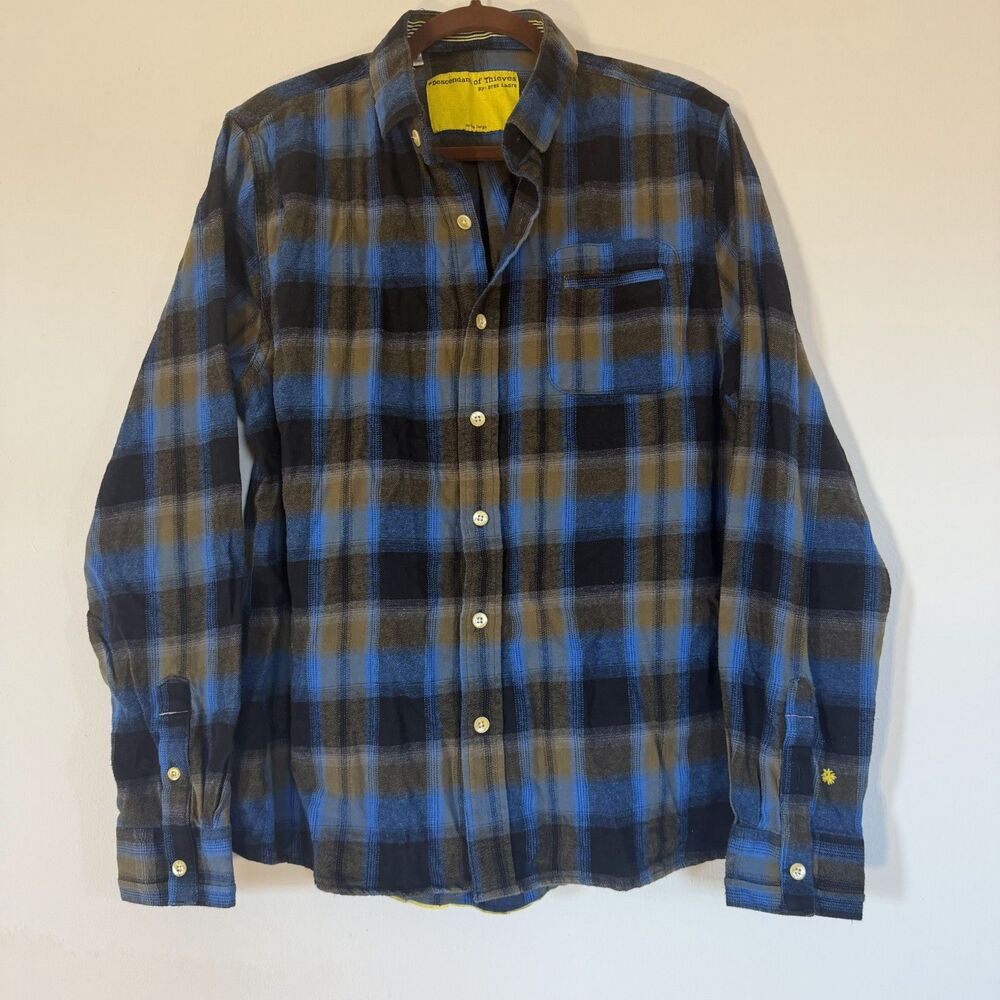 Descendant of Thieves Flannel Shirt Mens XL Blue Brown Plaid 100% Cotton Button